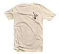Beige t-shirt with coffee cup graphic on a white background