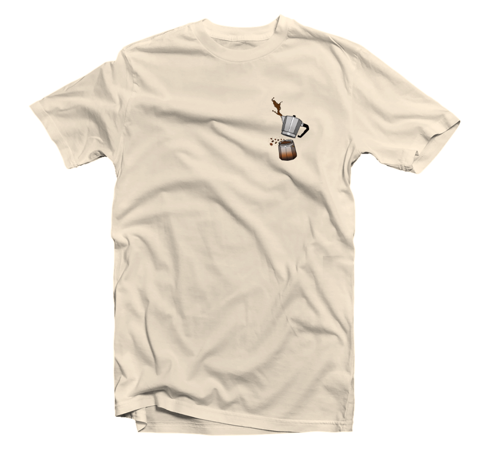 Beige t-shirt with coffee cup graphic on a white background