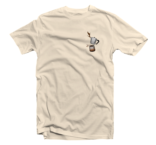 Beige t-shirt with coffee cup graphic on a white background